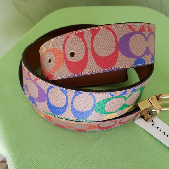 COACH ROLLER BUCKLE CUT-TO-SIZE REVERSIBLE BELT RAINBOW SIGNATURE:NWT PRIDE - Picture 6 of 9